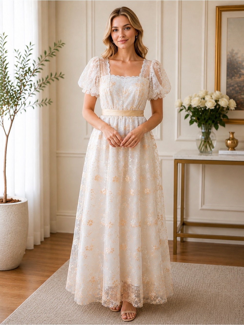 Floral Embroidered Maxi Dress Women’s Large Cottagecore Fairycore